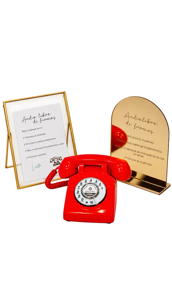 Audio libro de firmas: teléfono retro rojo junto a los carteles con las instrucciones para dejar un mensaje de voz