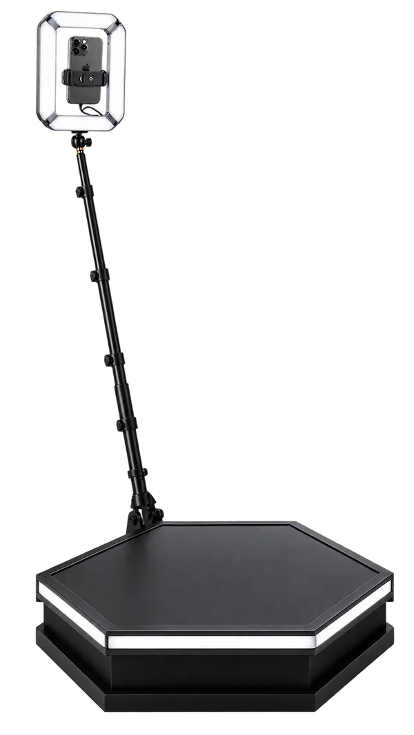 Plataforma 360º: base giratoria hexagonal con brazo y aro de luz para smartphone